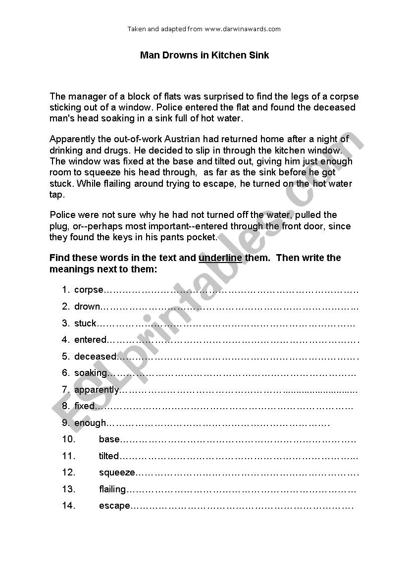 Man drowns in kitchen sink worksheet