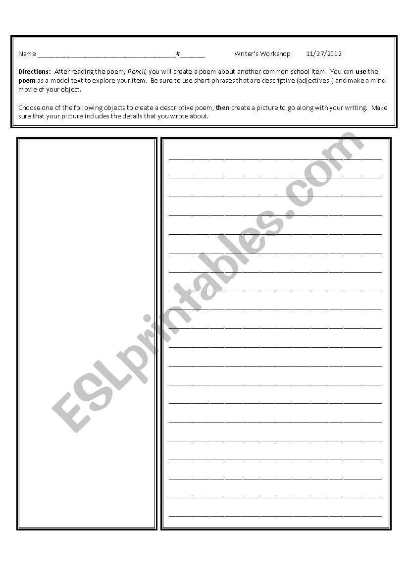 School Item Poetry worksheet