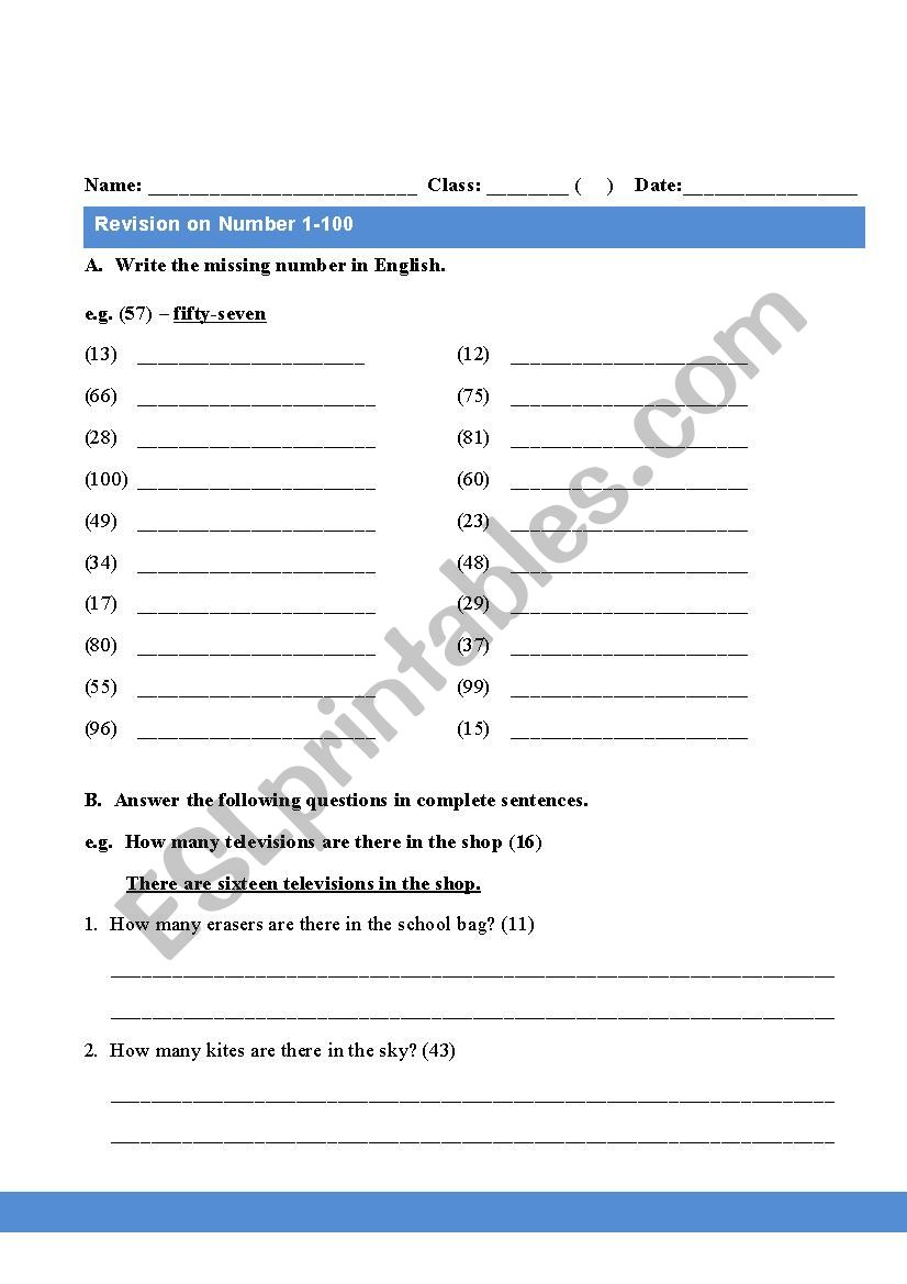 Revision on number 1-100 worksheet