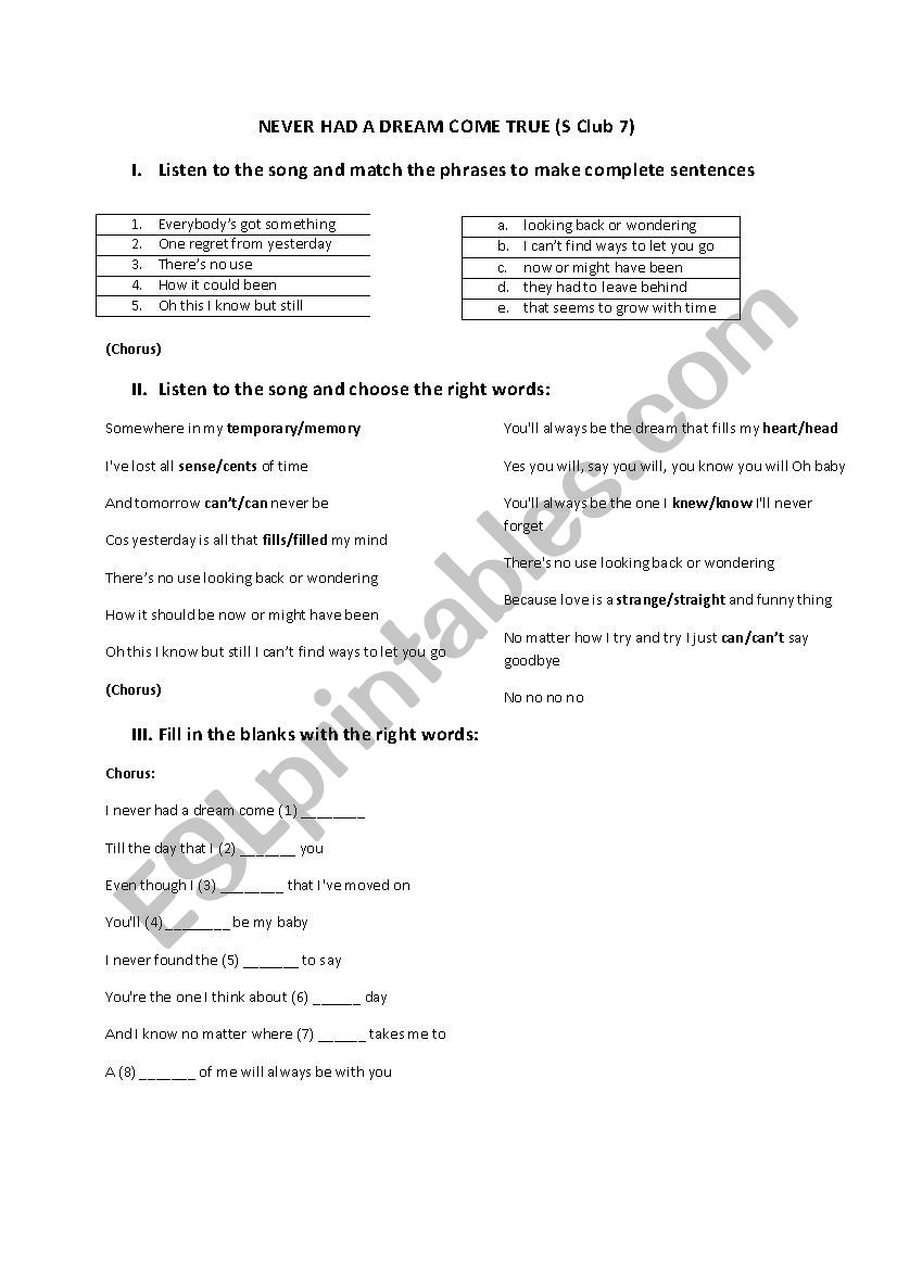Song Sheet: Never Had A Dream Come True