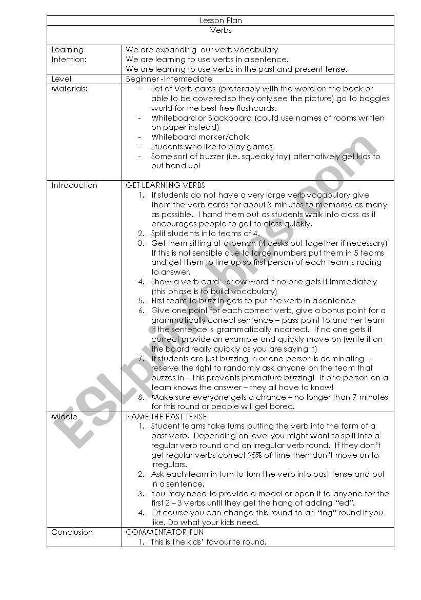 Verbs Game Lesson worksheet