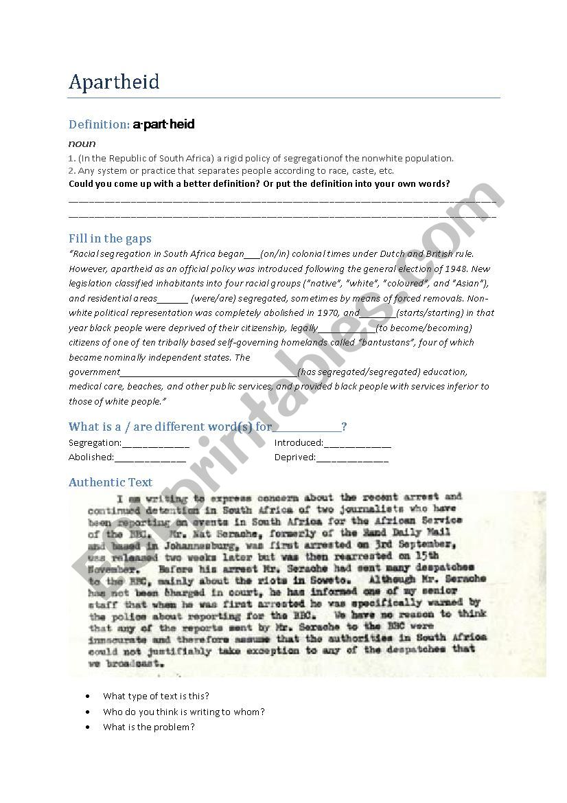 Apartheid worksheet