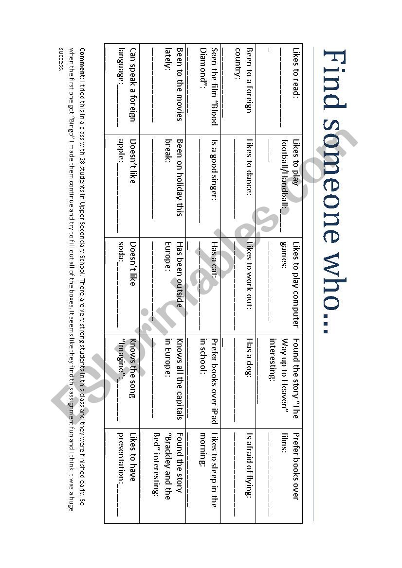 Find Someone Who worksheet