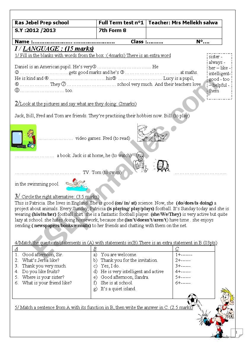 end term test 1 7th form worksheet