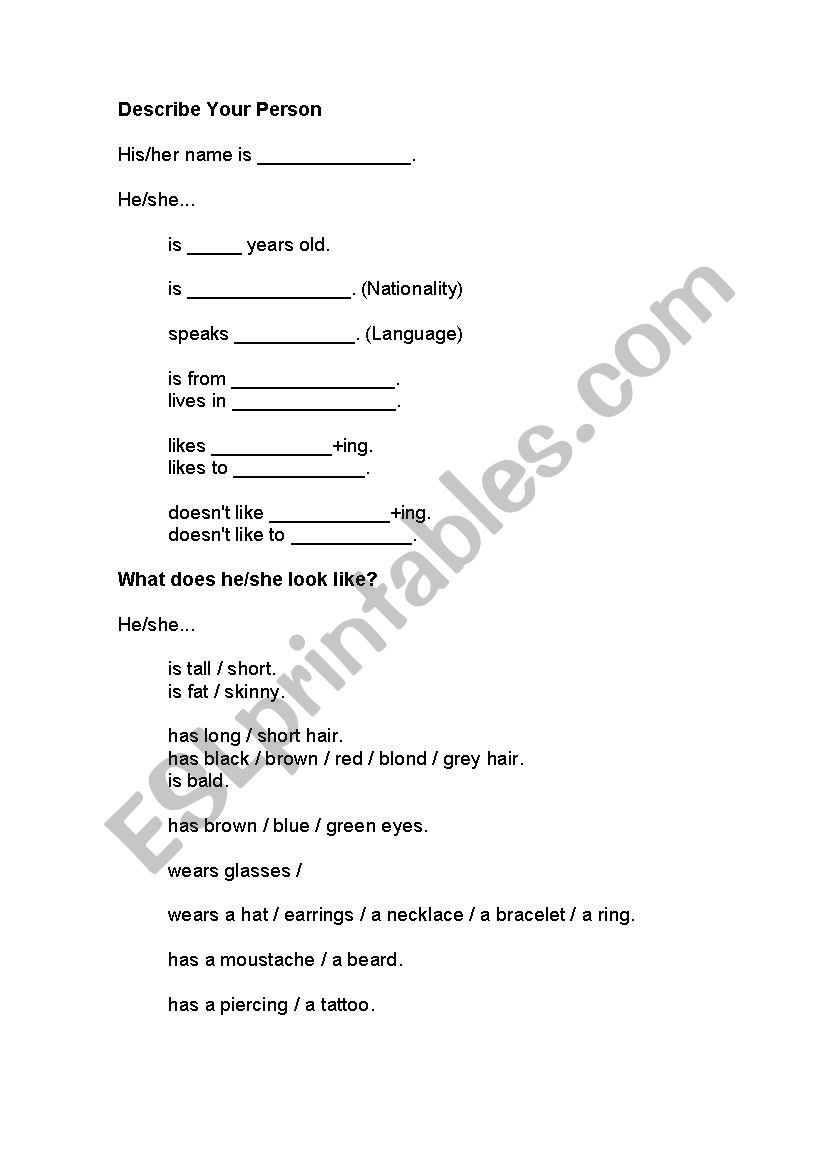 description of a person worksheet