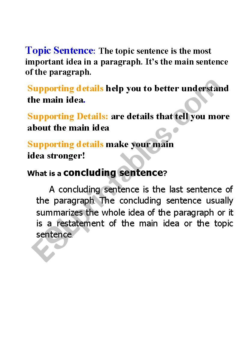 Topic Sentence Supporting Details Concluding Sentence Worksheet