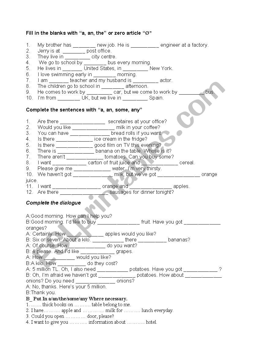 a/an/the worksheet