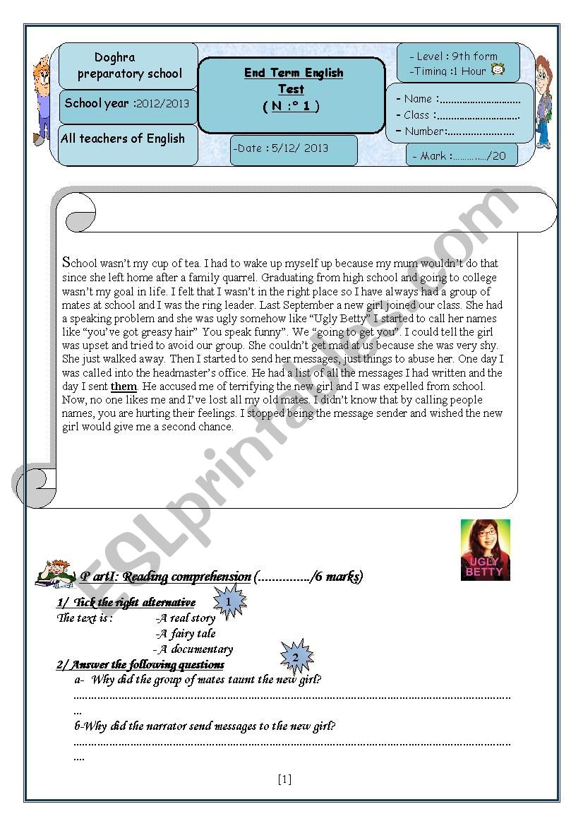 end term test 1 9th form Tunisian pupils