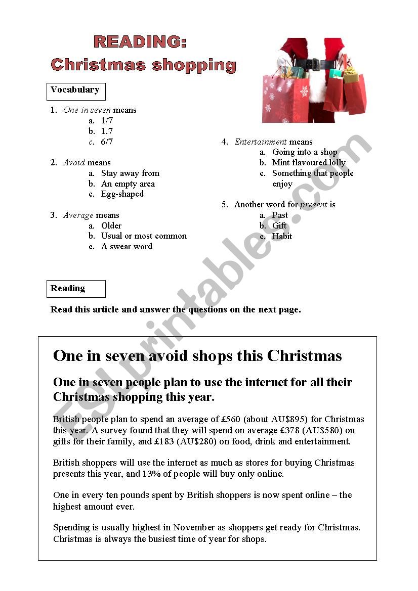 Christmas shopping worksheet