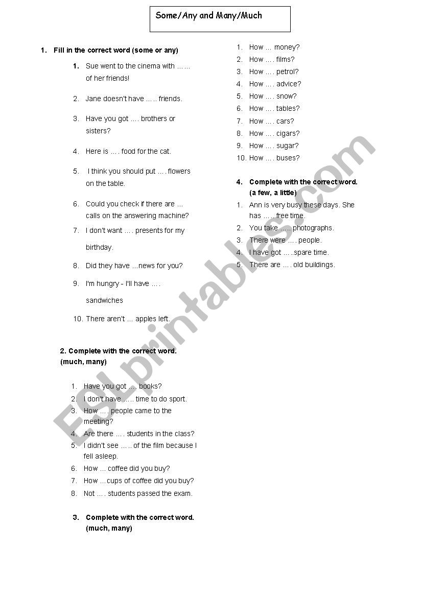 Some/any and Many/much worksheet