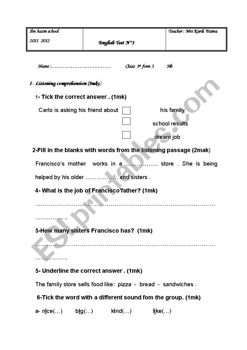 Reading test 1st form worksheet