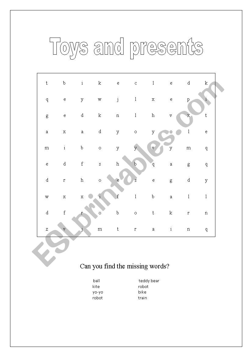 Presents and toys wordsearch worksheet