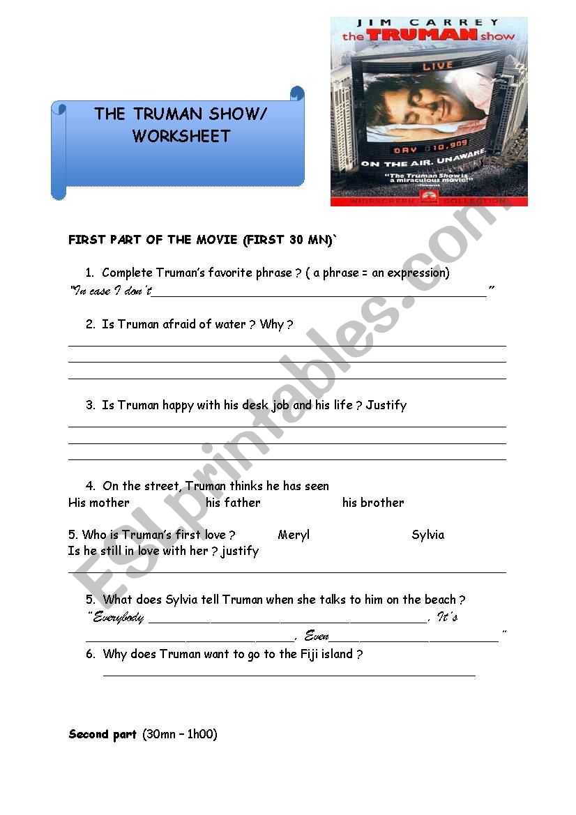 Truman Show; Film Study worksheet