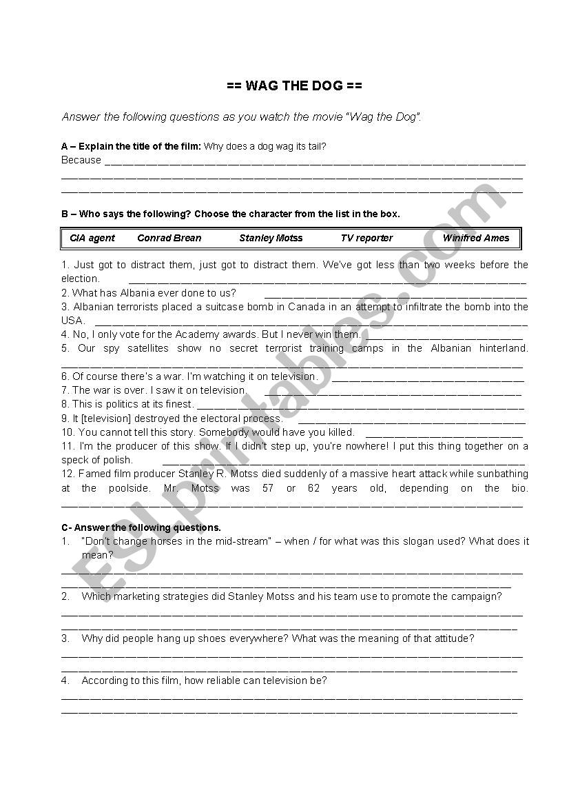 Wag the dog worksheet