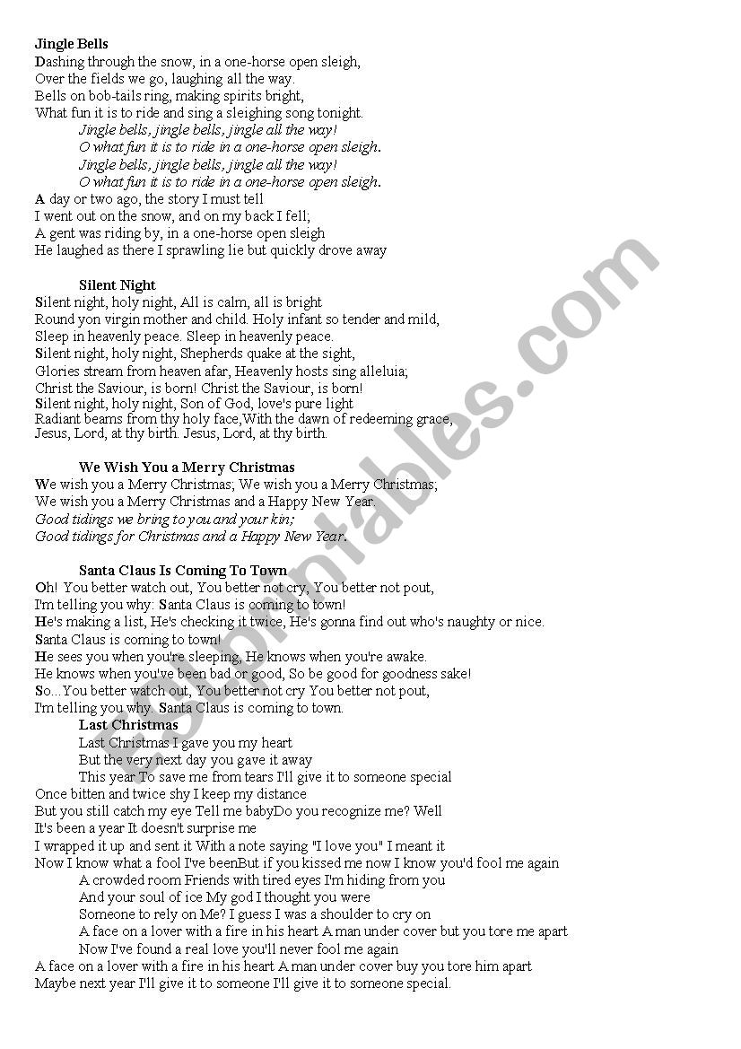 Christmas carols worksheet