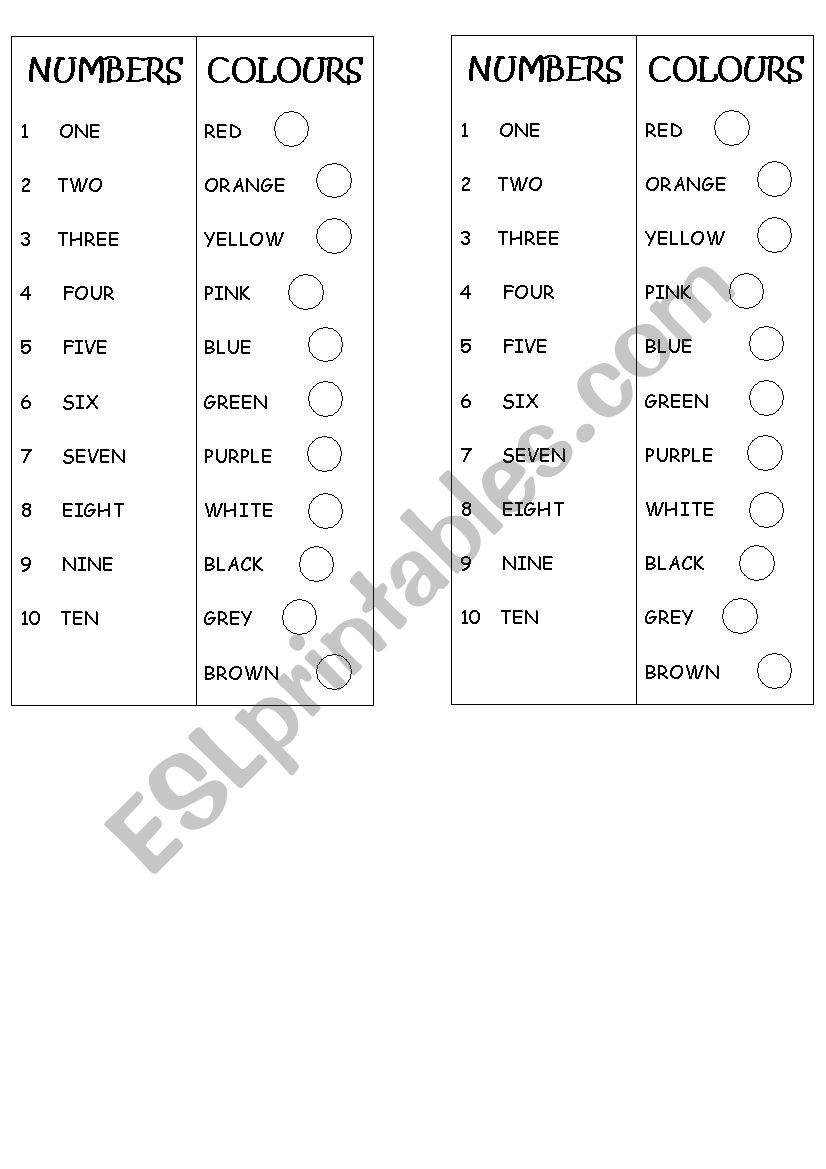 Numbers&colours Bookmark worksheet