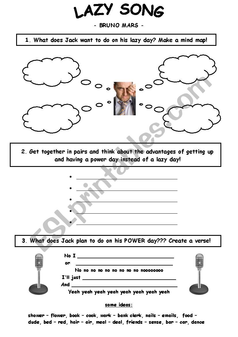 Lazy Song Tasks (Bruno Mars)  worksheet