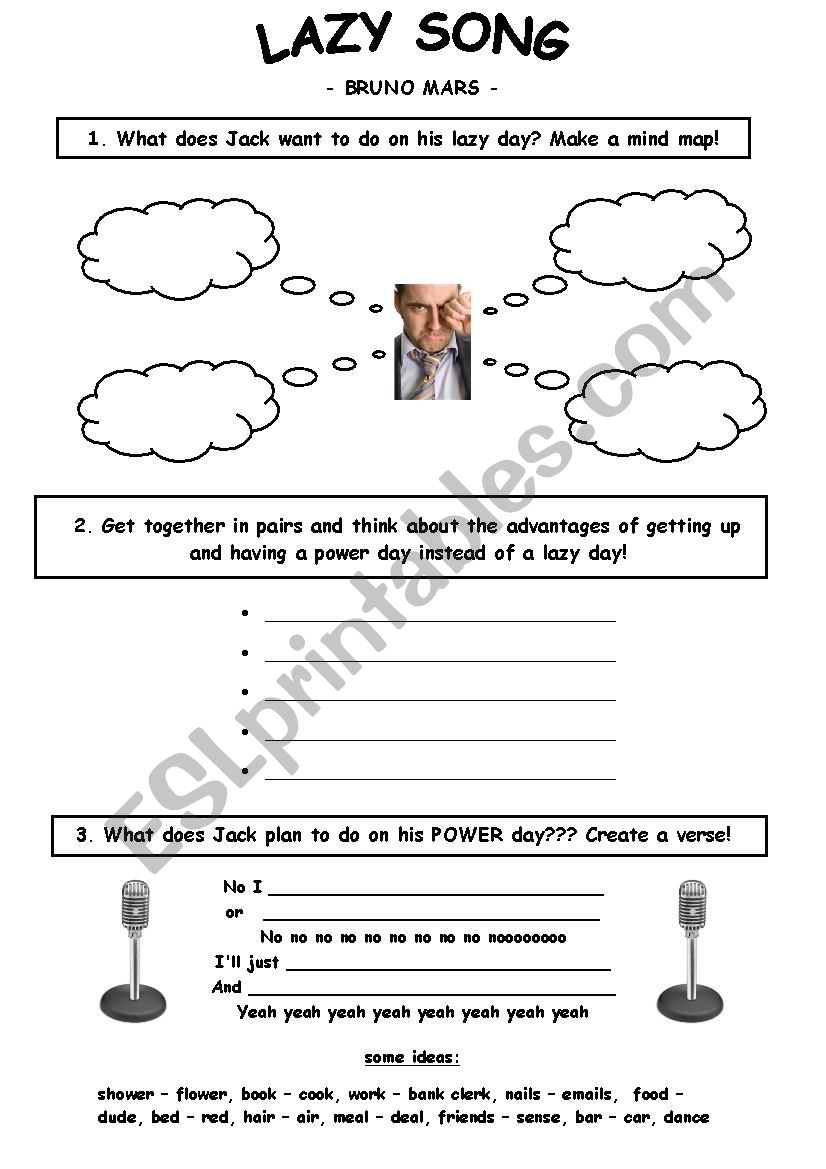 Lazy Song Tasks (Bruno Mars)  worksheet