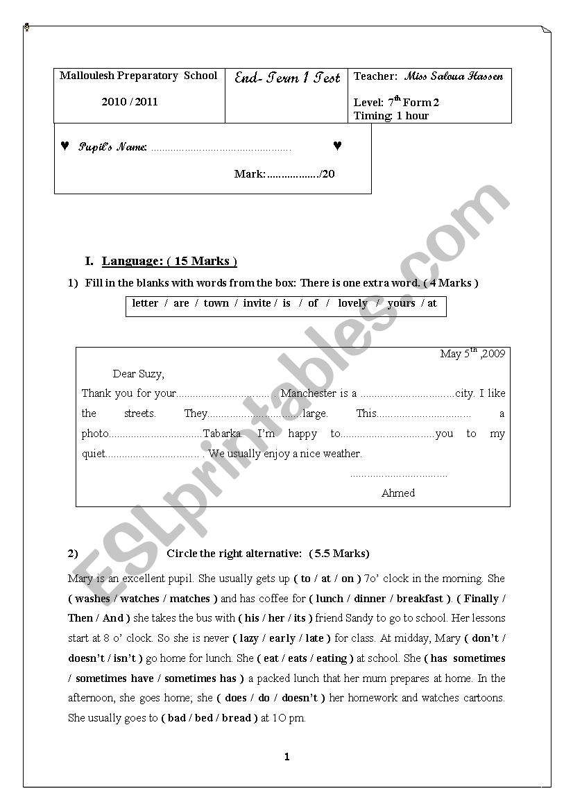 end of term 1     7th year worksheet