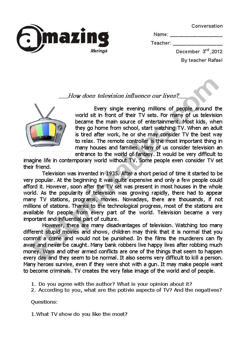 Conversation about television worksheet