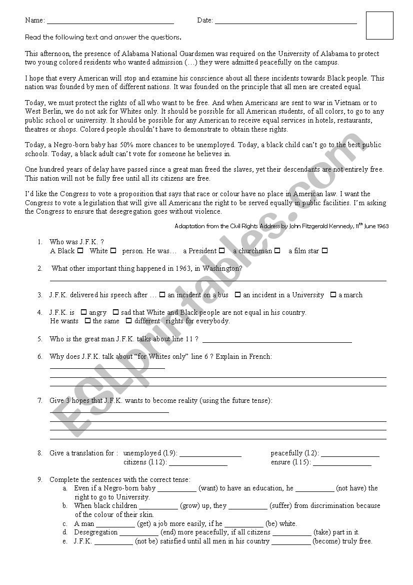 test on segregation worksheet