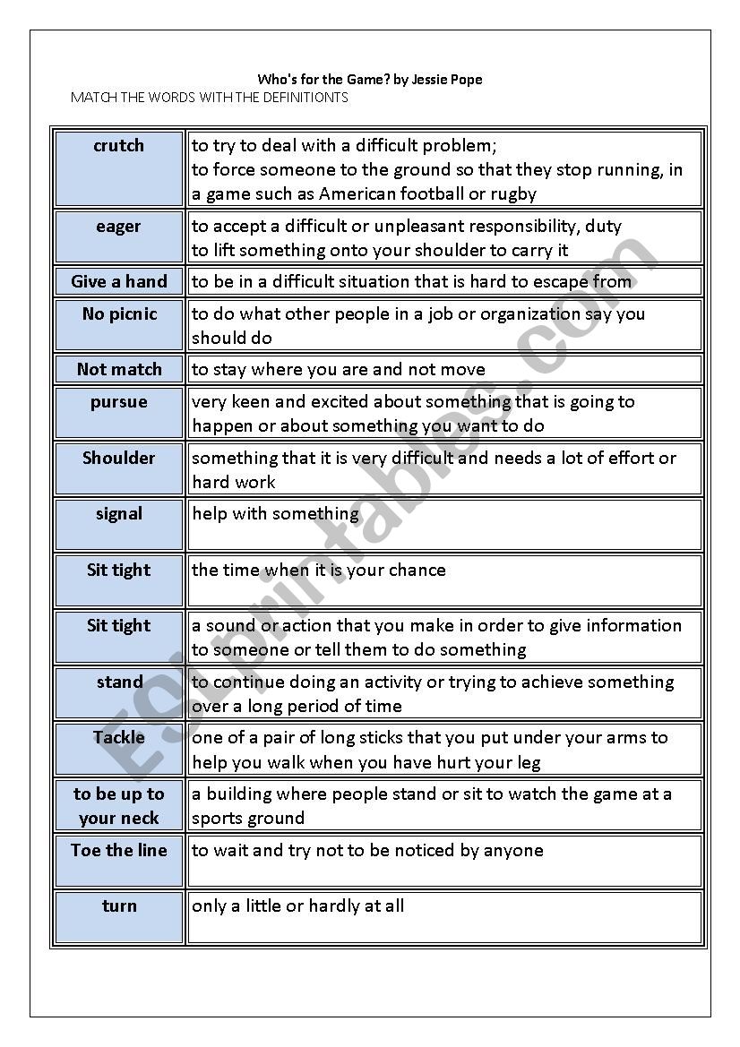 Who is for the game? Jessie Pope Vocab matching