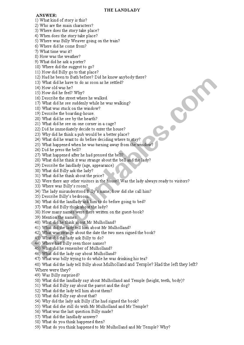 THE LANDLADY (questions) worksheet