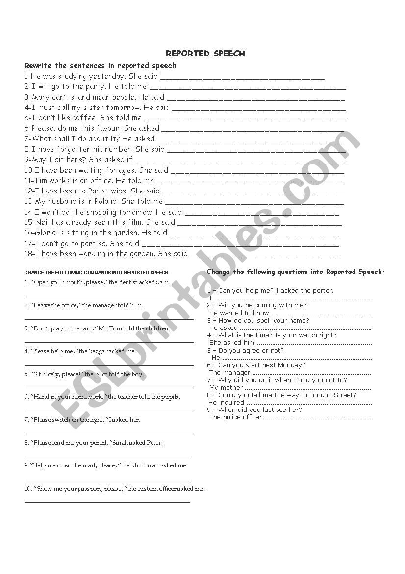 REPORTED SPEECH exercises worksheet