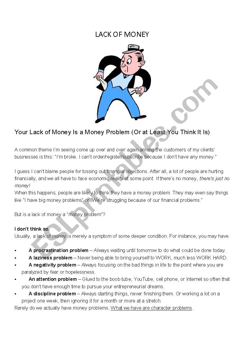 LACK OF MONEY worksheet