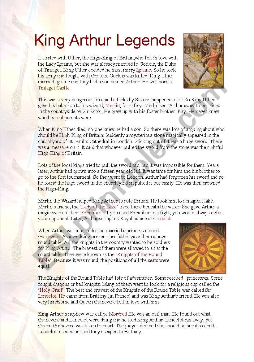 King Arthur Legends worksheet