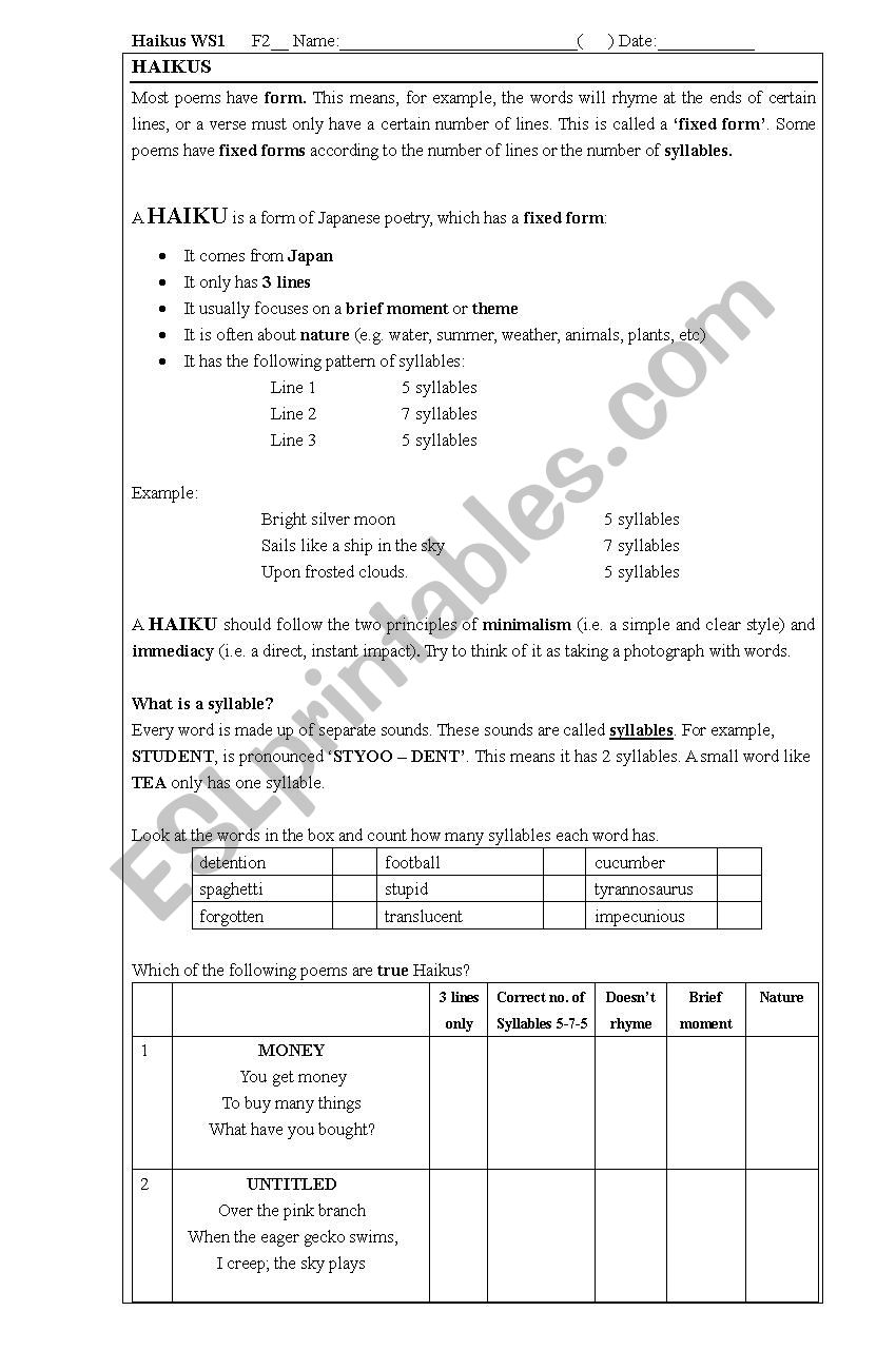 Haikus worksheet