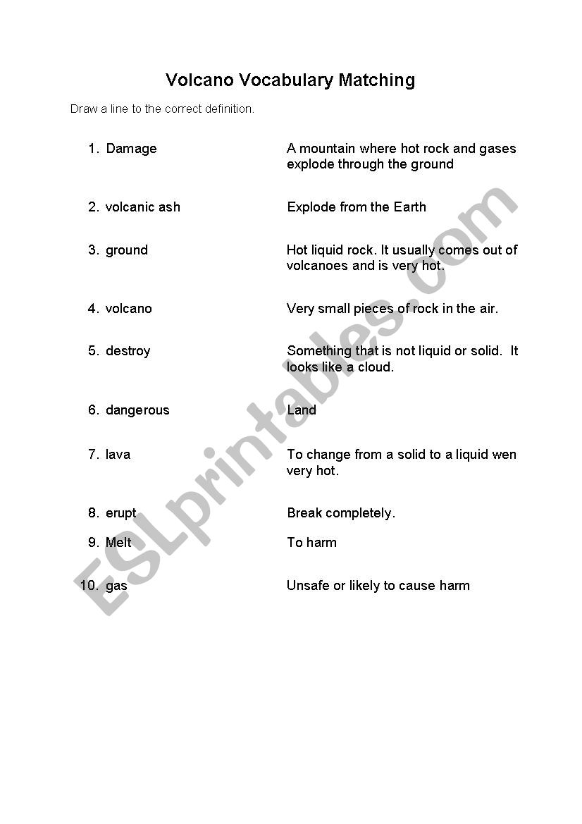 Science-Volcano Word Matching worksheet