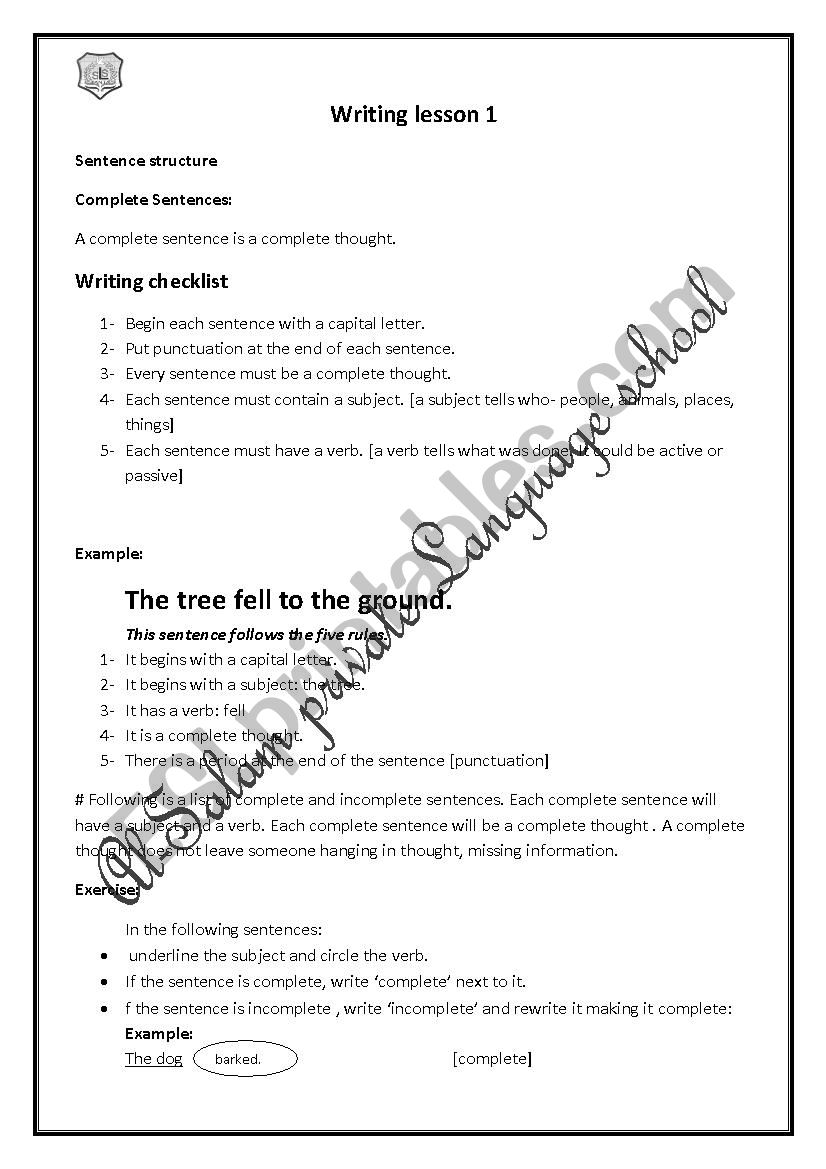 writing lesson 1 worksheet