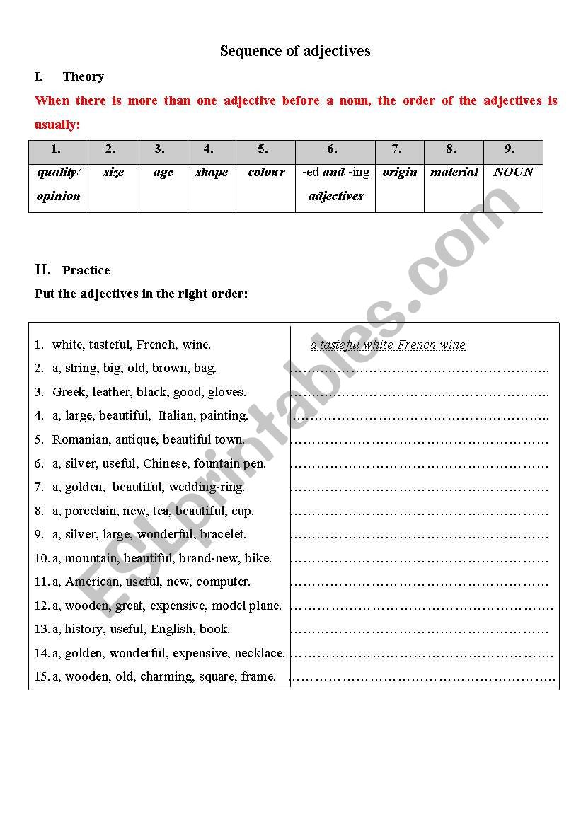 Sequence of adjectives worksheet