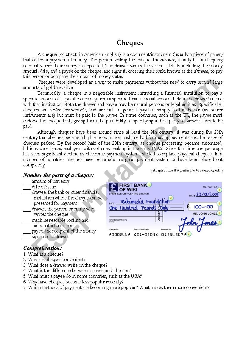 Cheques worksheet