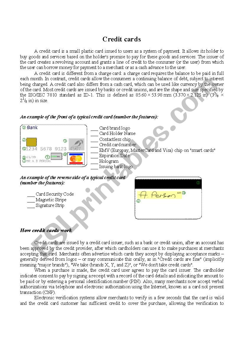 Credit cards worksheet