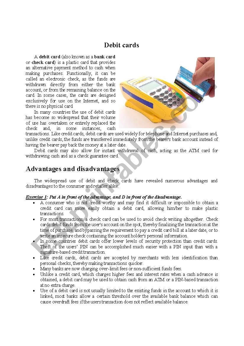 Debit cards worksheet