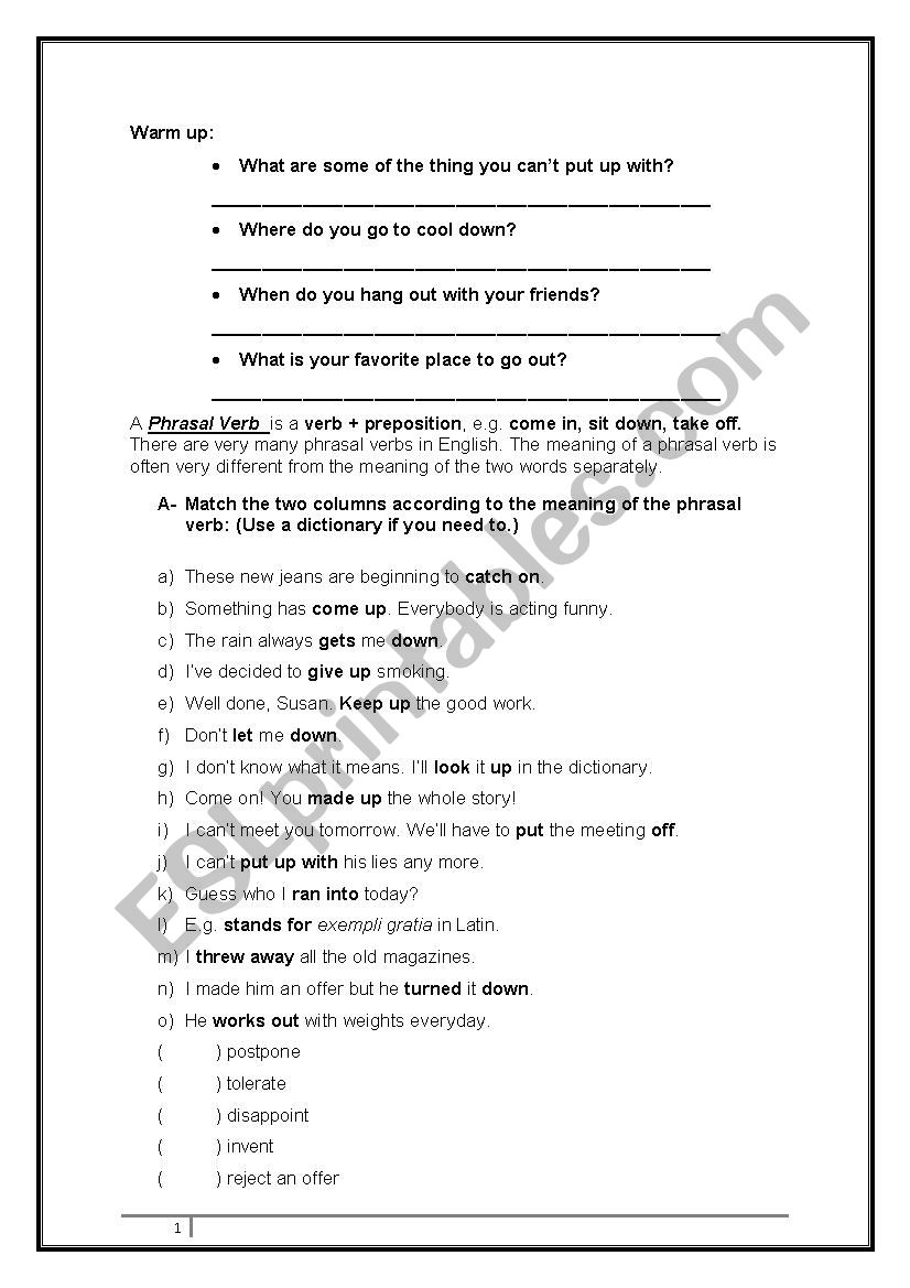 Phrasal Verbs worksheet