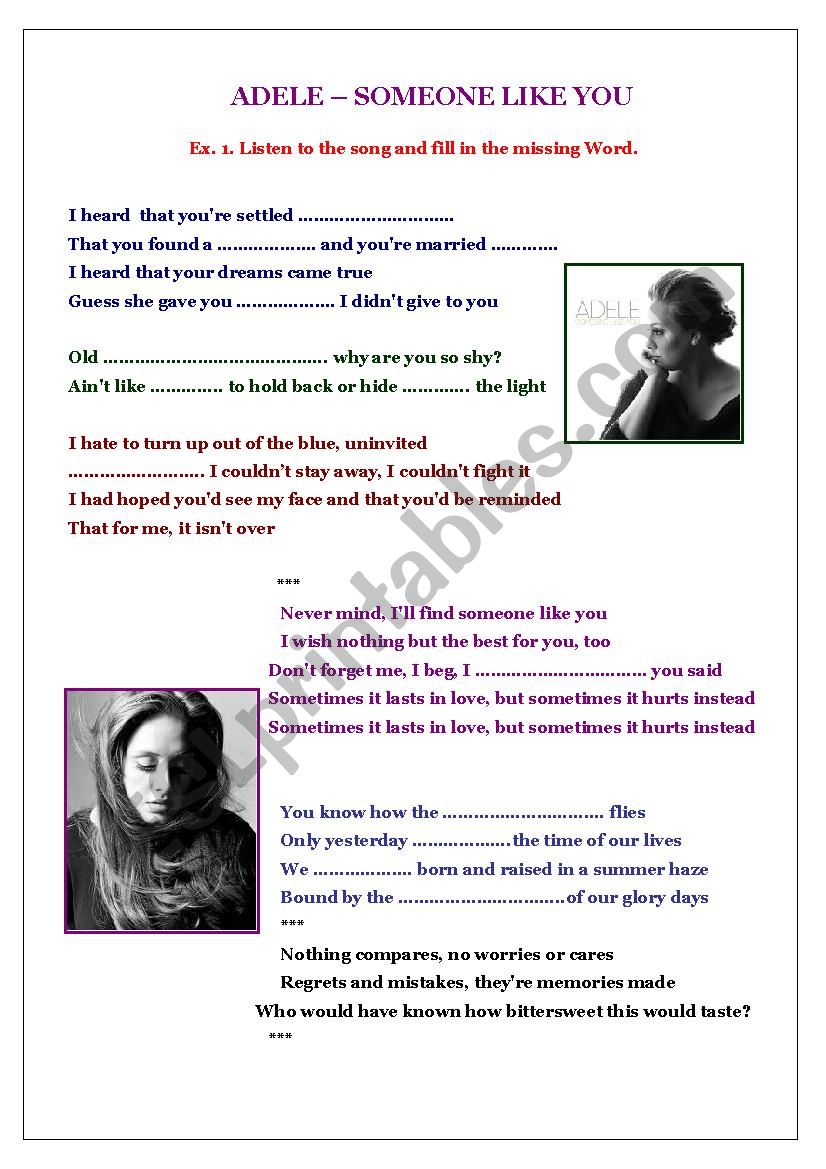 Someone like you worksheet