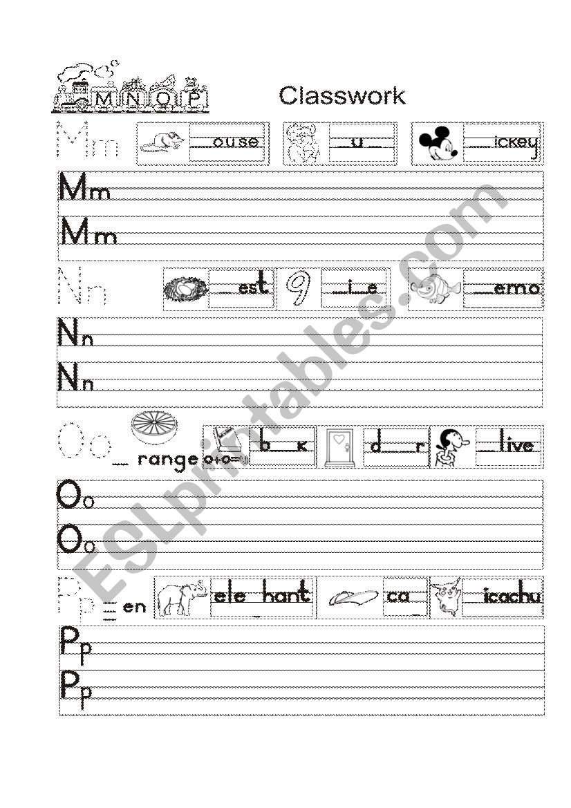 Writing letters m,n,o,p worksheet