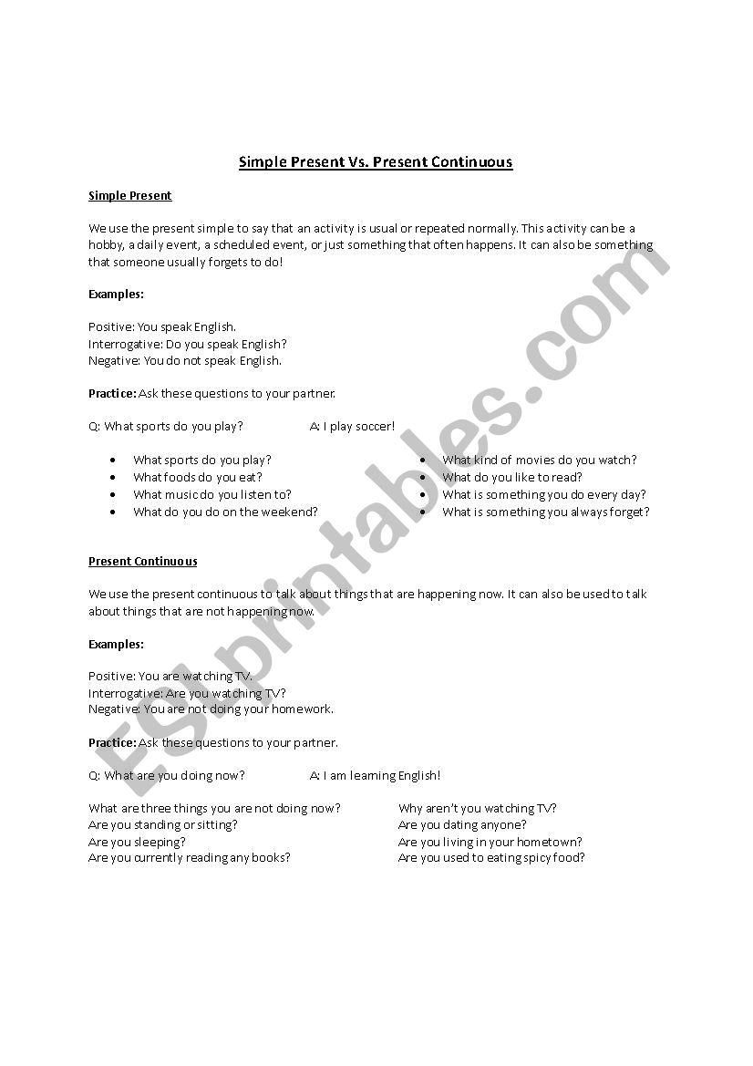 Simple Present Vs. Present Continuous