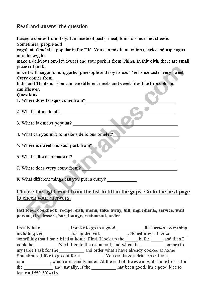 Food in different countries worksheet