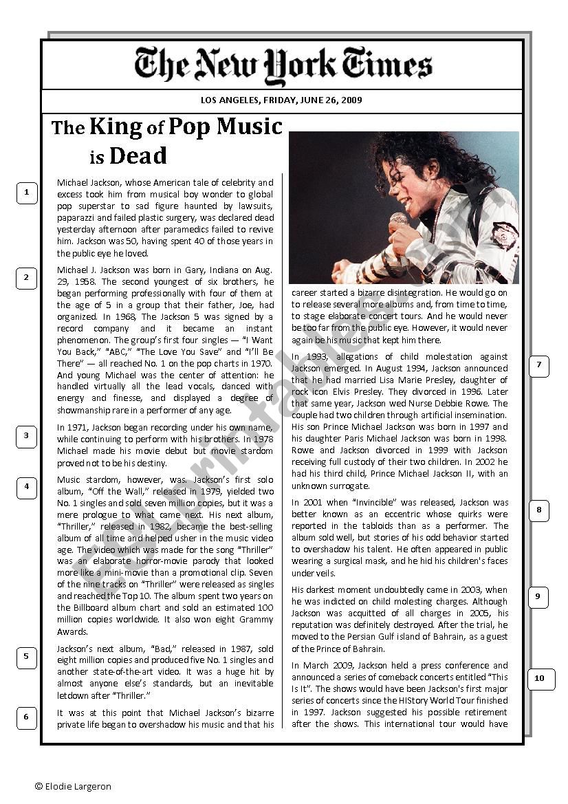 Michael Jacksons obituary worksheet