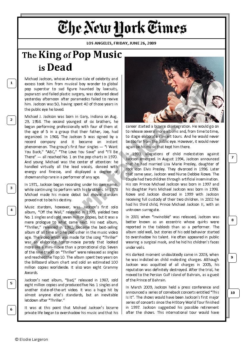 Michael JacksonÂ´s obituary worksheet