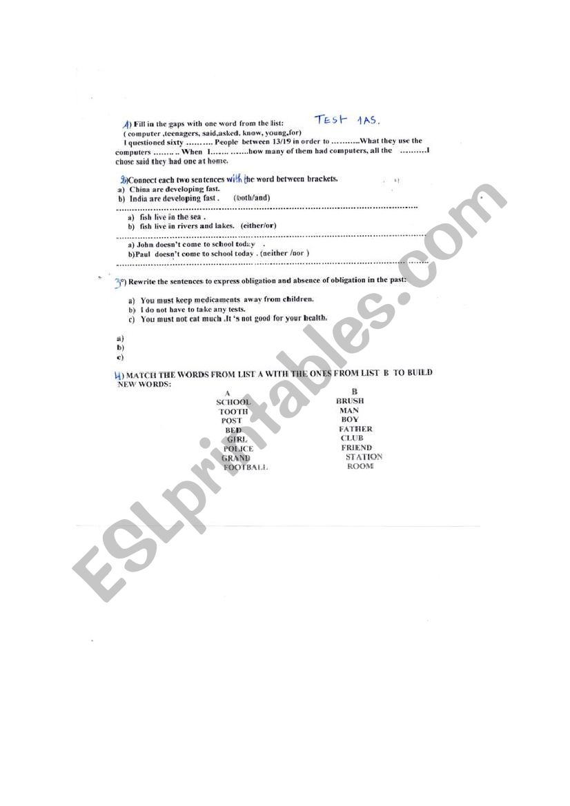 test worksheet