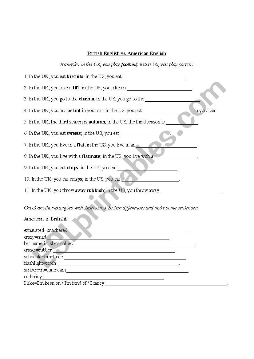 American x British worksheet