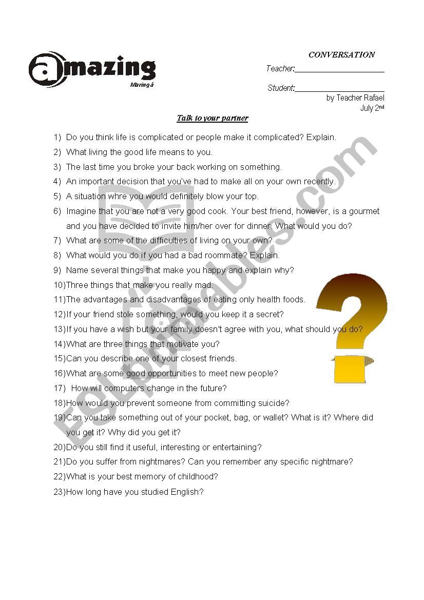 Talk to your partner worksheet