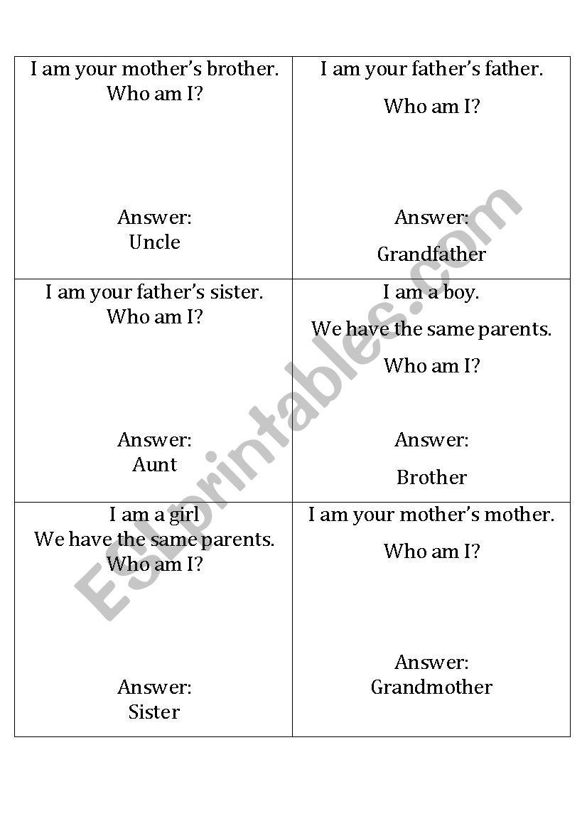 Family Question Cards worksheet