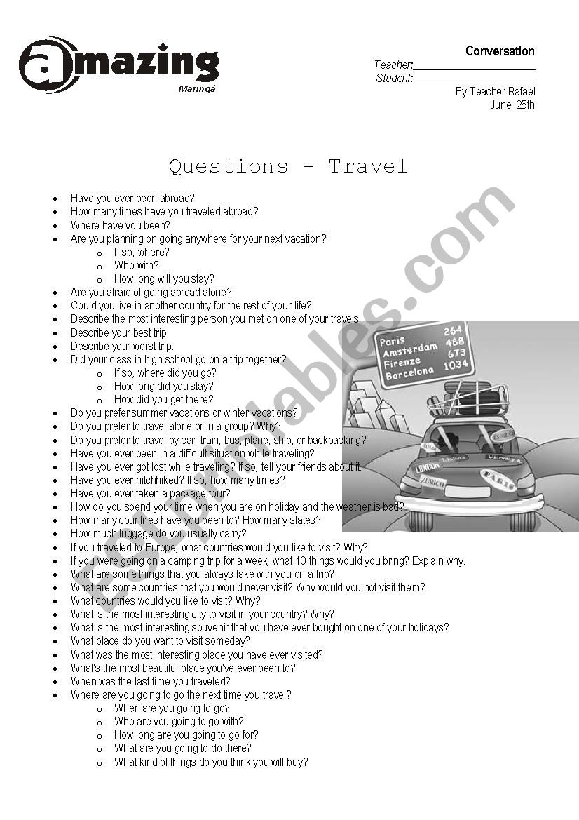 Conversation about Travels worksheet