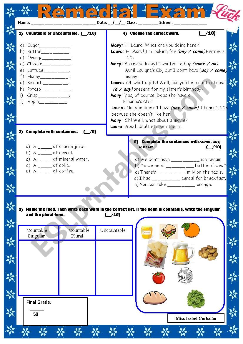 test on countable and uncountable nouns